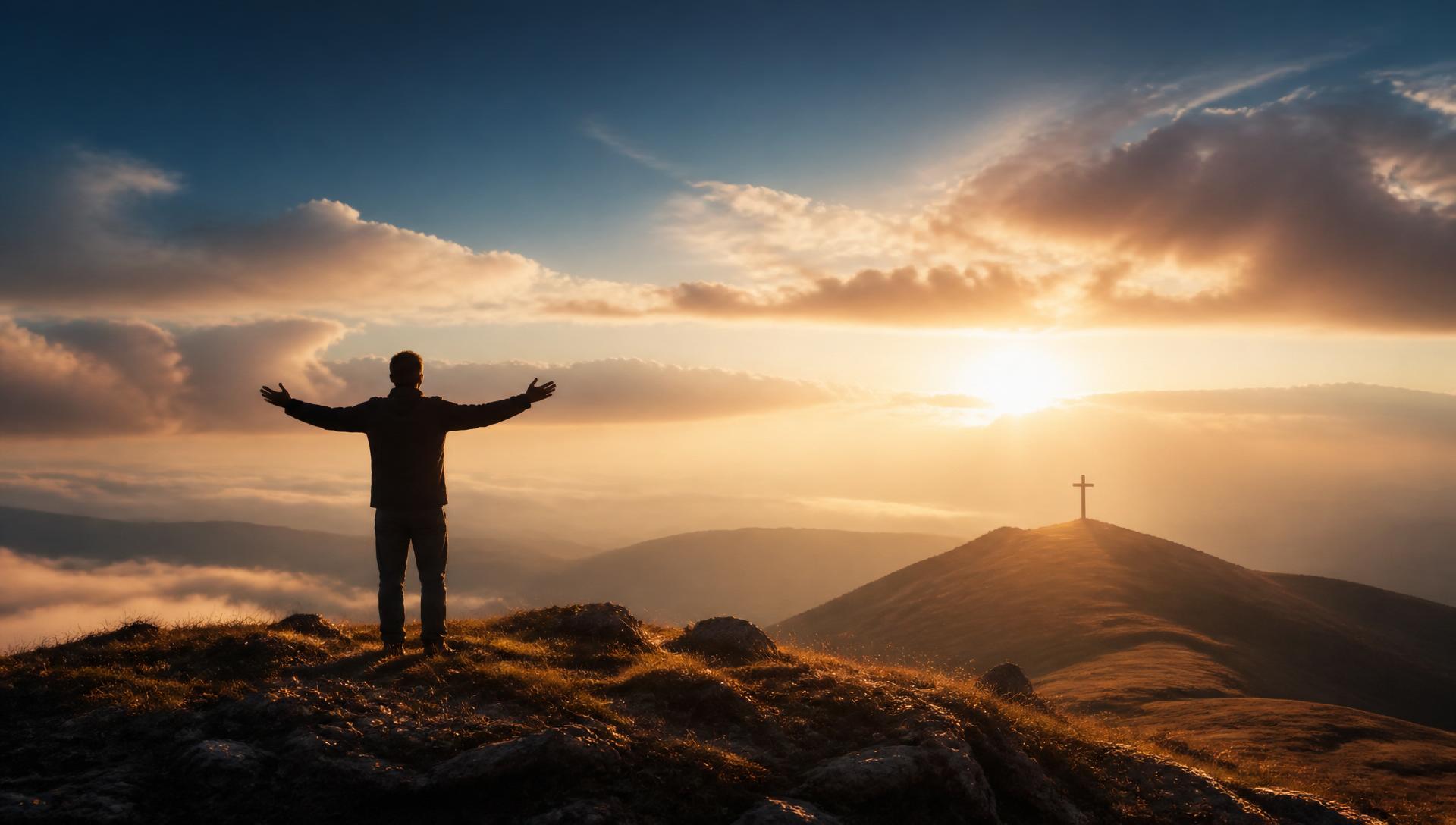Silhouette of a person with arms outstretched at sunrise near a cross on a hillside